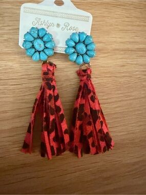 Turquoise Flower & Red Leopard Tassel Earrings